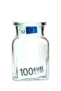 One hundred euros in a glass jar, on a white background