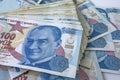 One hundred turkish lira banknotes