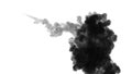 One ink flow, infusion black dye cloud or smoke, ink inject on white in slow motion. Black pigment scatter in water