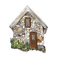 one isolated watercolor small stone old village house on a white background.