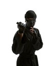 Japanese ninja in black uniform on white background