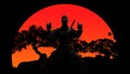 Japanese ninja in black uniform, on red sunset background Royalty Free Stock Photo