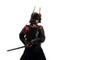 Japanese samurai in black uniform with katana sword, on white background, isolated Royalty Free Stock Photo