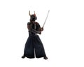 Japanese samurai in black uniform on white background