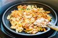 One of Korean favorite : Korean spicy stir fried vegetable, chicken and Korean spicy sauce (Gochujang) in big hot pan