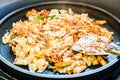 One of Korean favorite : Korean spicy stir fried vegetable, chicken and Korean spicy sauce (Gochujang) in big hot pan