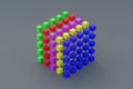 One large cube made of many multi colored small on gray background. Block chain concept