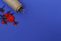 One large spool of thread and needles on a blue background Royalty Free Stock Photo