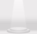 One layer big white round pedestal podium and soft light background.The light shines down below.For place goods,cosmetic,cartoon
