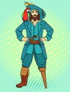 One-legged captain, wooden foot, man is a pirate, a sailor. Vector, pop art background. Imitation comic style. Royalty Free Stock Photo