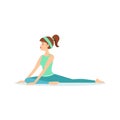 One Legged King Pigeon Eka Pada Rajakapotasana Yoga Pose Demonstrated By The Girl Cartoon Yogi With Ponytail In Blue