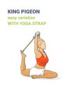 One Legged King Pigeon Yoga Pose or Eka Pada Rajakapotasana Asana Easy Variation with Yoga Strap Colorful Illustration.