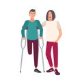 One-legged man with crutches standing together with his friend. Smiling male cartoon character with physical disability