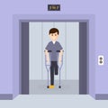 One Legged Young Man with Amputated Leg Standing with Crutches in Elevator Cartoon Vector Illustration