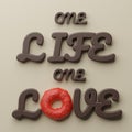 One life one love inscription with donut with colorful icing and sprinkles. Sweet background. Colorful background.