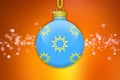 One light blue hanging christmas tree ball with golden stars ornaments on a orange background with lens flare Royalty Free Stock Photo