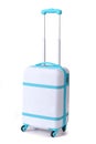 One light blue suitcase for travel or light blue luggage, light blue baggage isolated stand alone on white background.