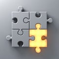 One light jigsaw puzzle piece standing out from the crowd on white wall background with shadow Royalty Free Stock Photo