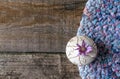 One lilac flower Xeranthemum on round clay vase on knitted patch