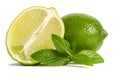 One lime with half of a juicy lime with leaves of mint Royalty Free Stock Photo
