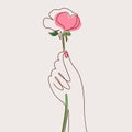 One line abstract art drawing woman hand holding a rose flower. Minimalistic style color image. Editable vector