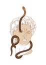 One line abstract Michelangelo\'s David portrait with a snake. Mystic greek sculpture.