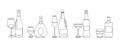 One line alcohol beverage. Glass bottles with strong scotch and glasses of wine, continuous line modern graphic. Vector
