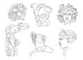 One line ancient greek sculptures. Greece mythology statues continuous line, david medusa gods head torso. Hand drawn