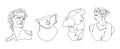 One line ancient greek sculptures. Greece mythology statues hand drawn continuous line, david goddess head torso. Vector