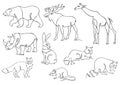 One line animals set, logos. Animal continuous line drawing vector illustration with giraffe, rhino, bear, elk, rhino Royalty Free Stock Photo