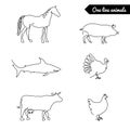 One line animals set, logos vector stock illustration with horse, pig, turkey, cow, chicken, shark,and other Royalty Free Stock Photo