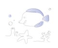 one line aquarium fish. ocean life dori Hippo Tang. outline sea fishes. cute poster illustrations