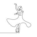 One line art, Drawing of a young girl dancing, wearing dress, vector illustration
