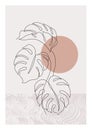 One line art monstera leaf plant poster. Elegant tropical leaf with grunge doodle texture background