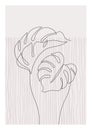 One line art monstera leaf plant poster. Elegant tropical leaf with grunge doodle texture background