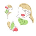 One line art of woman face with flower and butterfly