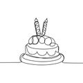 One line birthday cake with candle minimalist design banner vector illustration isolated on white background for celebration Royalty Free Stock Photo