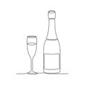 Champagne. Bottle of sparkling wine and glass. Vector illustration. Continuous one line drawing. Line Art. Royalty Free Stock Photo