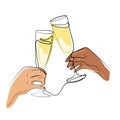 One line champagne glasses clink.Two hands cheering with glasses of wine vector illustration.Minimalist linear Royalty Free Stock Photo