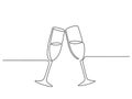 One line champagne toast. Continuous linear couple wine glasses clink. Wedding party cheers. Minimalist new year Royalty Free Stock Photo