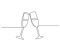 One line champagne toast. Continuous linear couple wine glasses clink. Wedding party cheers. Minimalist new year celebration
