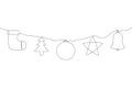 One line Christmas decoration set. Continuous line of New Year holiday hanging ornaments. Vector. Royalty Free Stock Photo