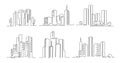 One line city. Skyscraper buildings, linear town cityscape and modern downtown or business district vector illustration