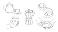 One line coffee. Continuous line teapot with cup of tea, monoline coffee gear and hands holding cups of espresso. Vector