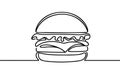 One line continuous cheeseburger symbol concept. Silhouette of fast food restaurant burger with cheese salad buns.