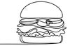 One line continuous cheeseburger symbol concept. Silhouette of fast food restaurant burger with cheese salad buns.
