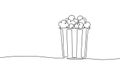 One line continuous cinema popcorn symbol concept. Silhouette of dessert holiday snack corn. Digital white single line