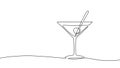 One line continuous cocktail wine glass symbol concept. Silhouette of alcoholic drink vermouth olive. Digital white