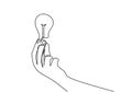 One line continuous draw human with a light bulb. Hand hold light bulb logo identity. Character woman or male doctor, hand holding Royalty Free Stock Photo
