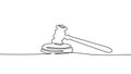 One line continuous judgment lawyer hammer symbol concept. Crime punishment verdict justice system government. Digital